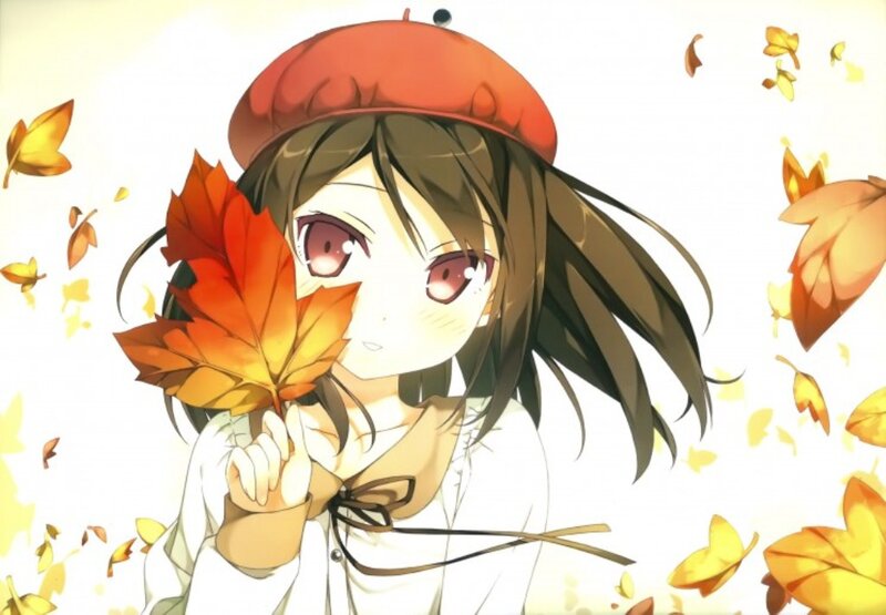 Anime Girl with Leaf — White