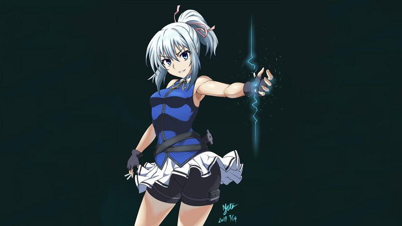 Anime Girl with Lightning — Blue, Dramatic, Digital Art