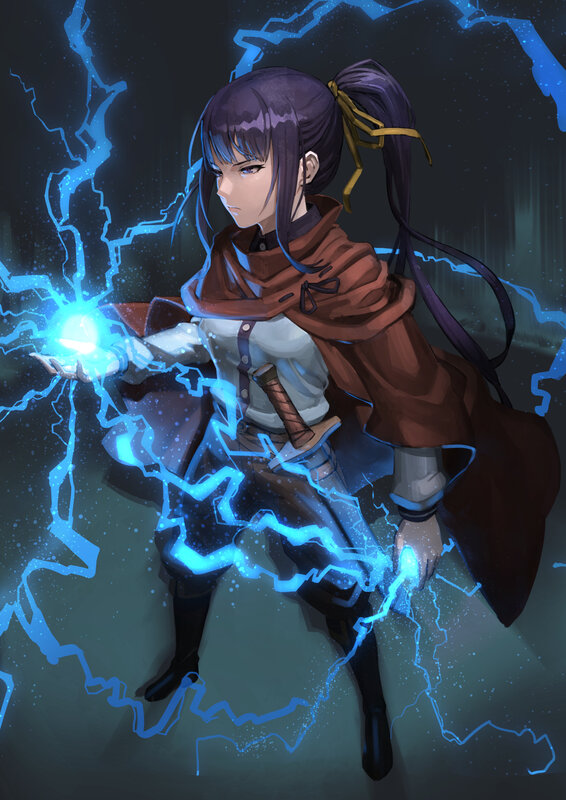 Anime Girl with Lightning — Blue, Dramatic, Night, Digital Art, Sword