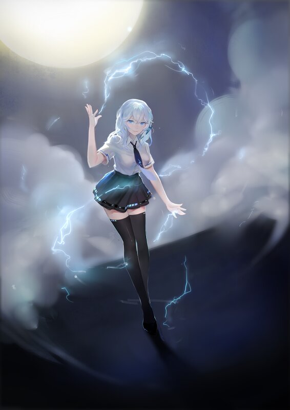 Anime Girl with Lightning — Blue, Dramatic, Night, Digital Art