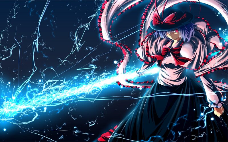 Anime Girl with Lightning — Blue, Dramatic, Night, Hat