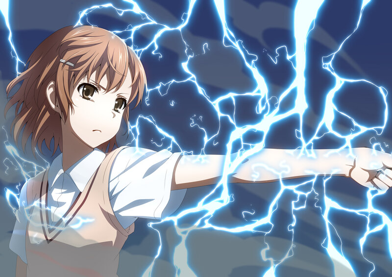 Anime Girl with Lightning — Blue, Dramatic, Night, School Uniform, Arm