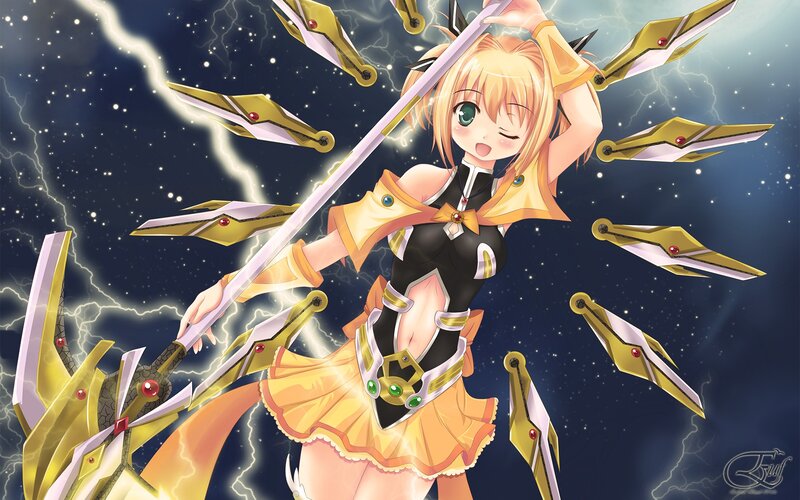 anime girl with lightning swords
