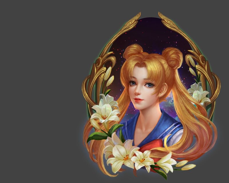 Anime Girl with Lilies — Blue