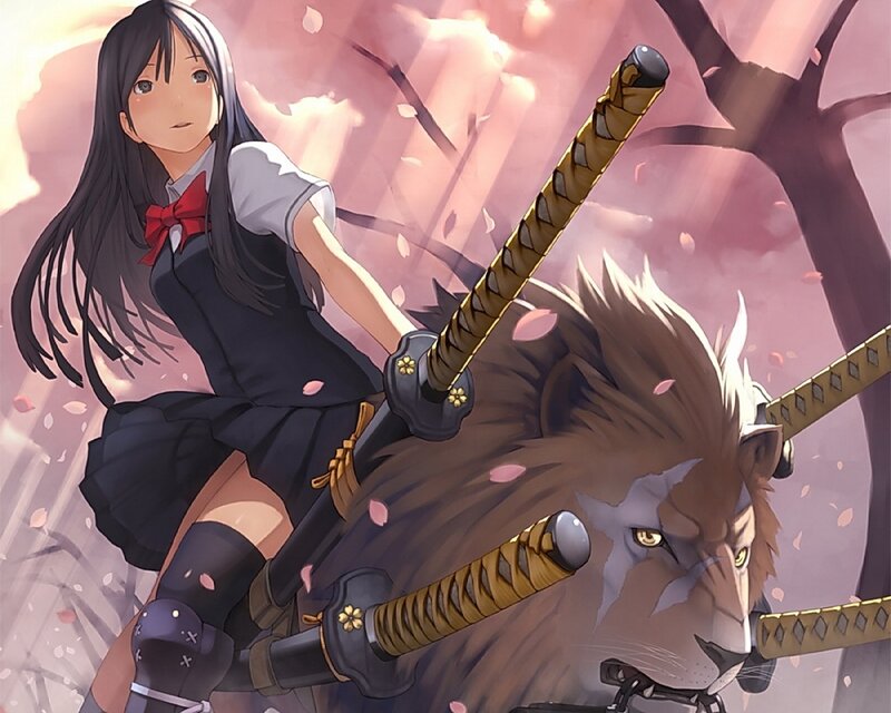 Anime girl with lion and swords