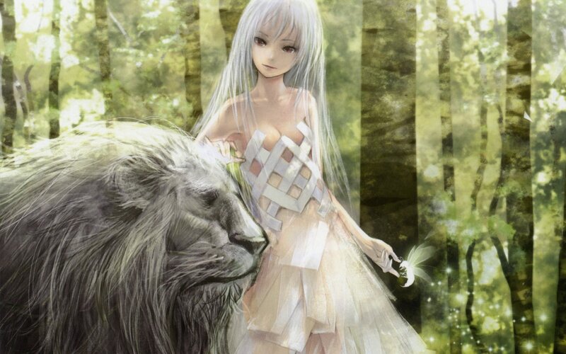 Anime girl with lion in forest