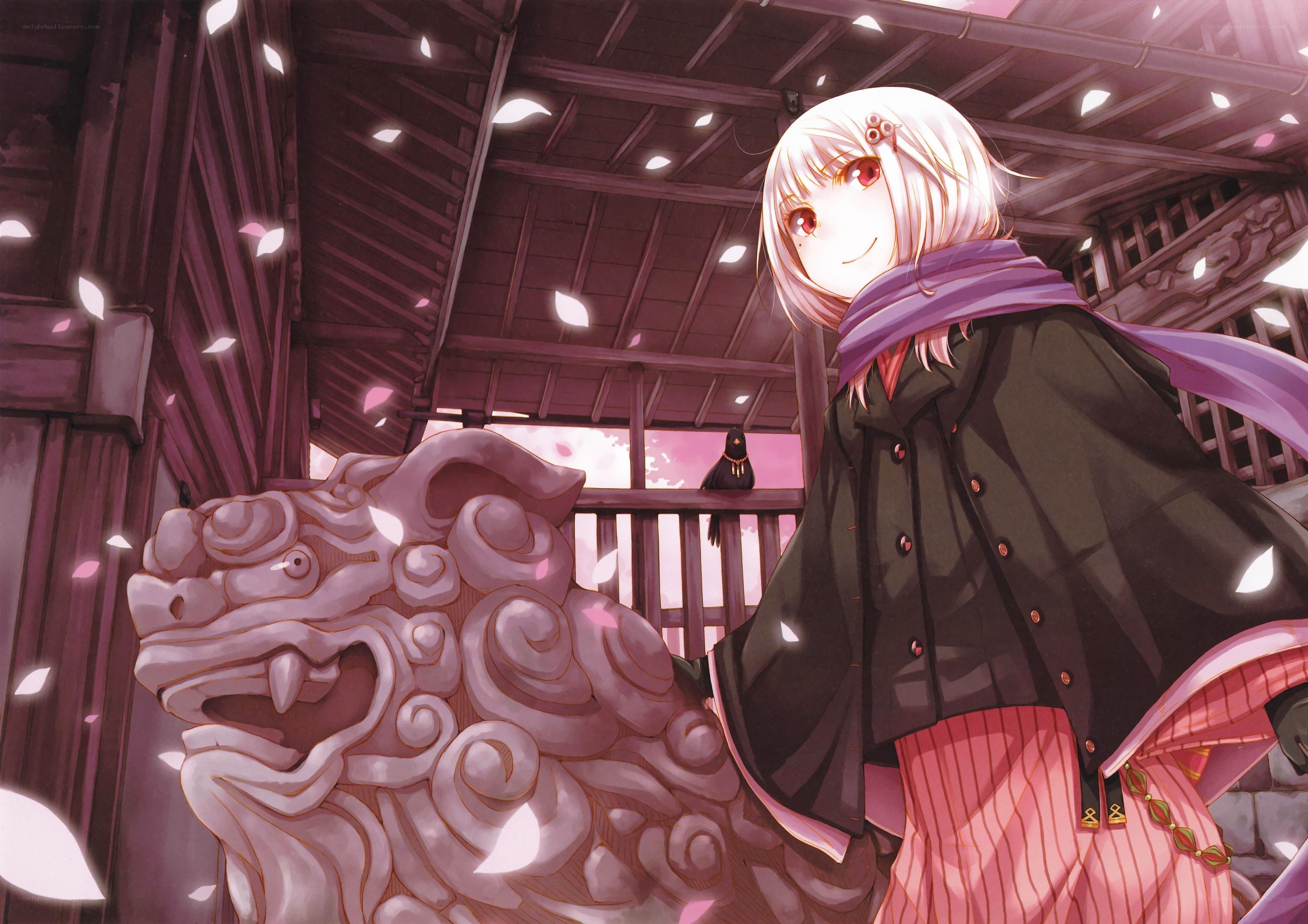 Anime girl with lion statue