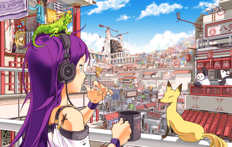Anime girl with lizard on head