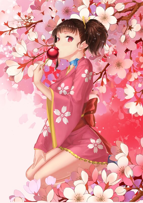 Anime Girl with Lollipop — Pink, Serene, Spring, Digital Art