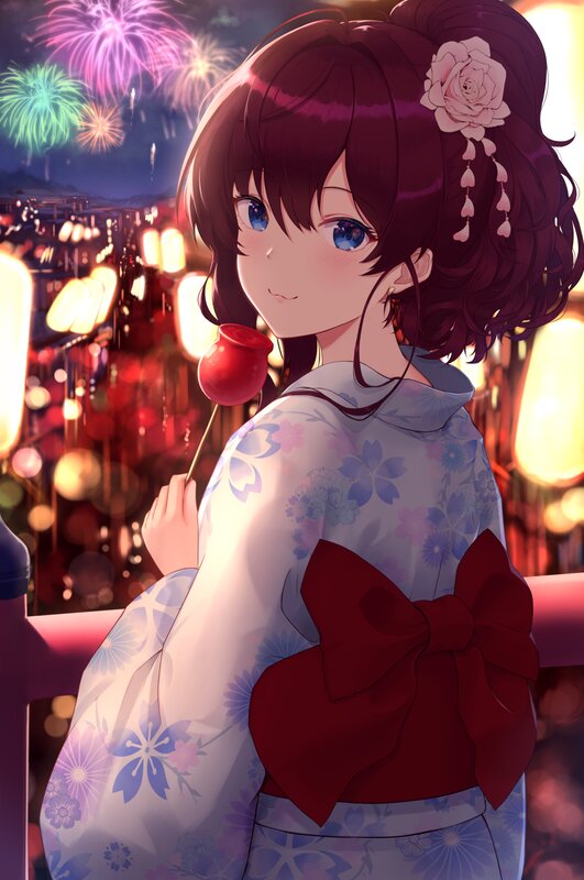 Anime Girl with Lollipop — Purple, Festive, Night, Fireworks