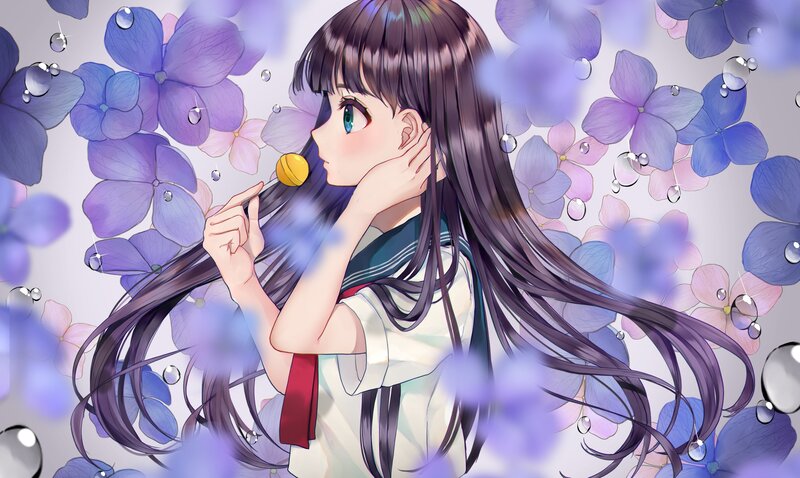 Anime Girl with Lollipop — Purple, Serene, Digital Art