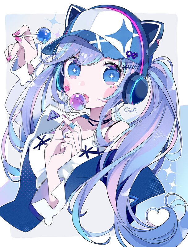 Anime Girl with Lollipops — Blue, Playful, Digital Art