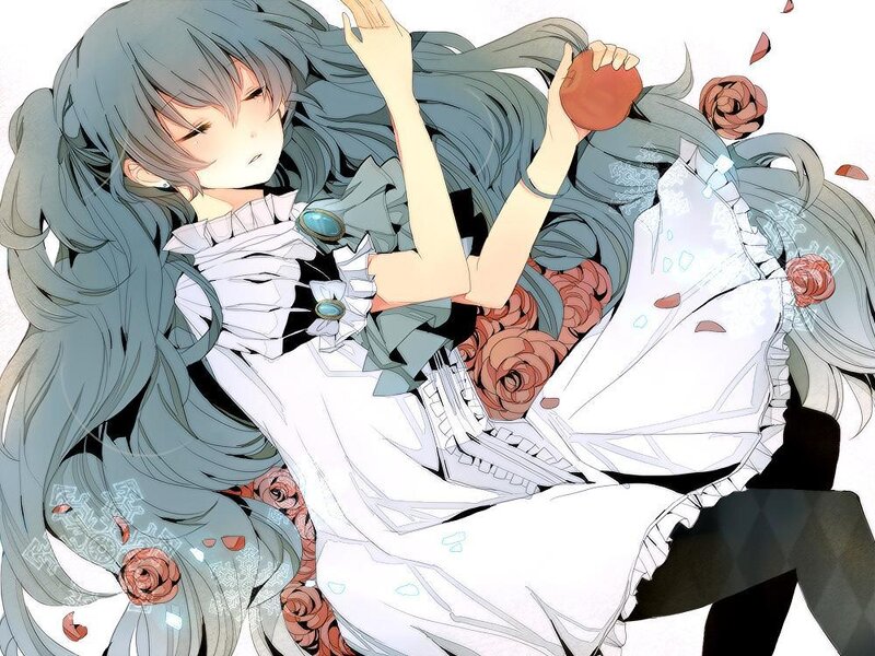 Anime girl with long hair and roses