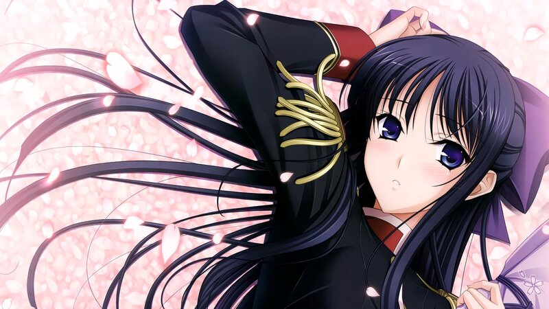 Anime Girl with Long Hair — Black, Calm, Spring, Cherry Blossoms