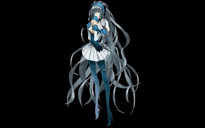 Anime Girl with Long Hair — Black, Dramatic, Blue Flowers