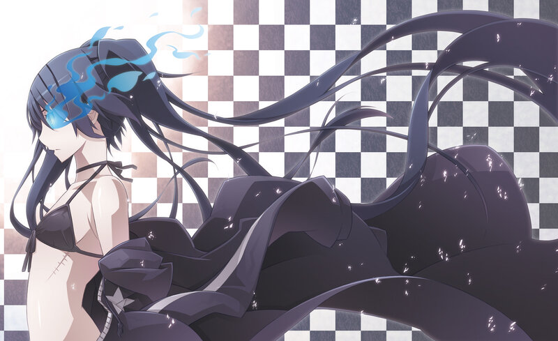 Anime Girl with Long Hair — Black, Dramatic, Checkered Background