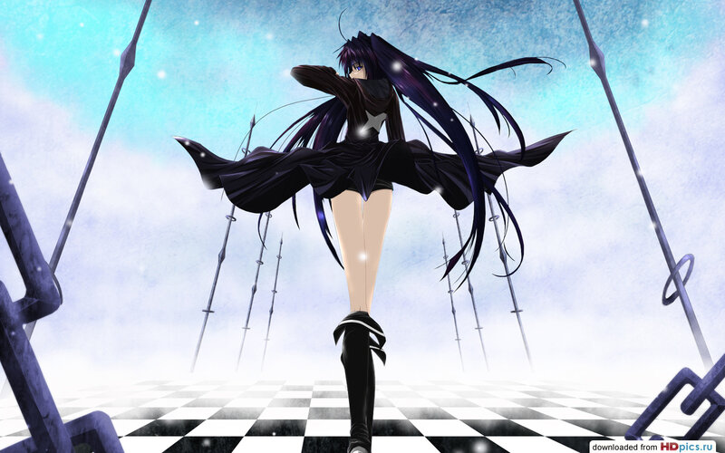 Anime Girl with Long Hair — Black, Dramatic, Checkered Floor