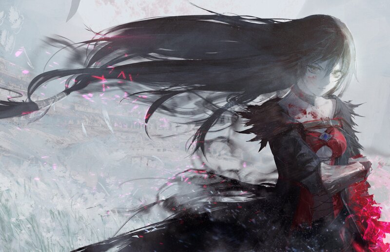 Anime Girl with Long Hair — Black, Dramatic, Digital Art, Blood