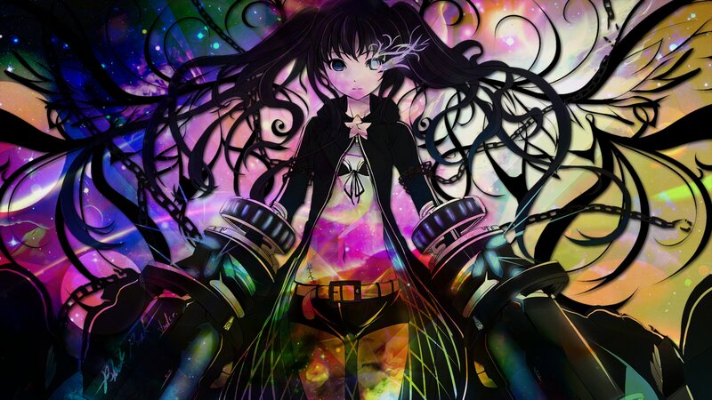 Anime Girl with Long Hair — Black, Dramatic, Digital Art, Chains, Mechanical Arms