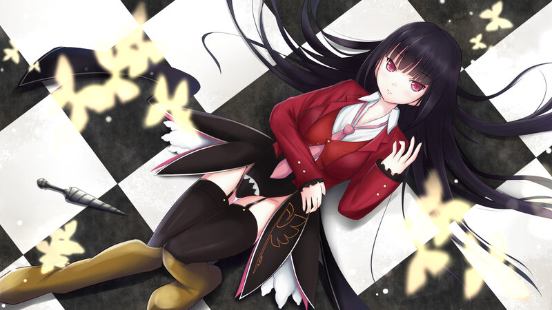 Anime Girl with Long Hair — Black, Dramatic, Digital Art, Checkered Floor