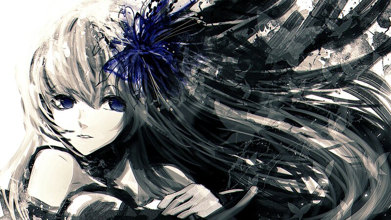 Anime Girl with Long Hair — Black, Dramatic, Digital Art, Eyes