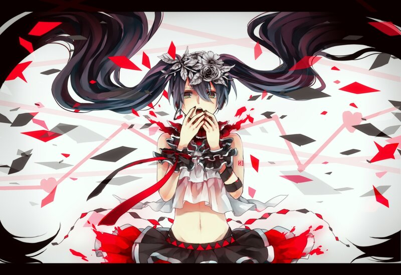 Anime Girl with Long Hair — Black, Dramatic, Digital Art, Flowers