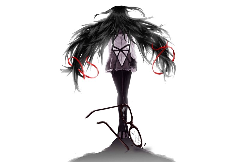 Anime Girl with Long Hair — Black, Dramatic, Digital Art, Glasses