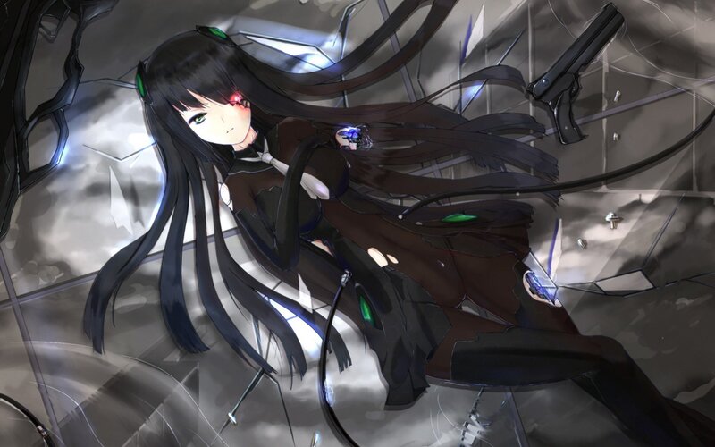 Anime Girl with Long Hair — Black, Dramatic, Digital Art, Gun