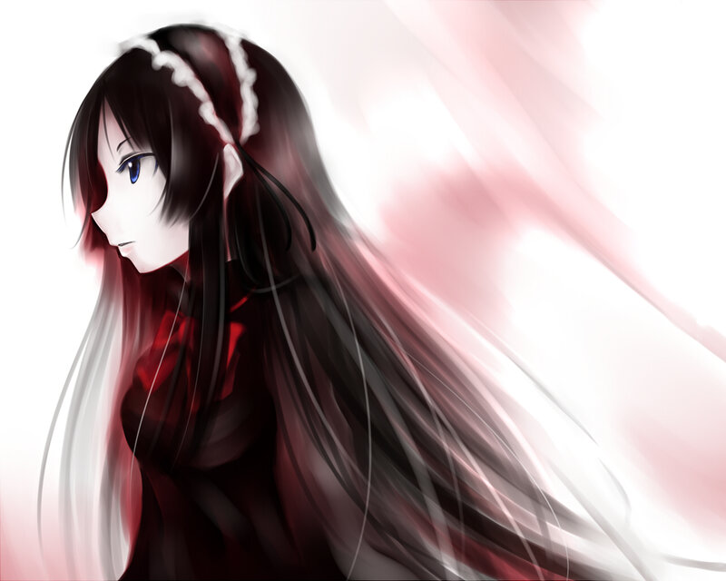 Anime Girl with Long Hair — Black, Dramatic, Digital Art, Long Hair, Blue Eyes, Red Clothing
