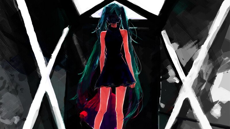 Anime Girl with Long Hair — Black, Dramatic, Digital Art, Long Hair, Dark Dress, Mask