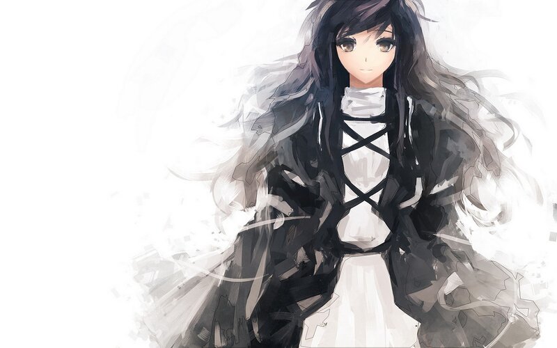 Anime Girl with Long Hair — Black, Dramatic, Digital Art, Long Hair, White Dress