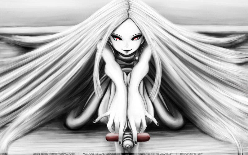 Anime Girl with Long Hair — Black, Dramatic, Digital Art, Red Eyes