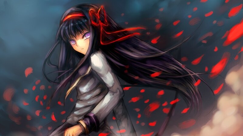 Anime Girl with Long Hair — Black, Dramatic, Digital Art, Red Petals