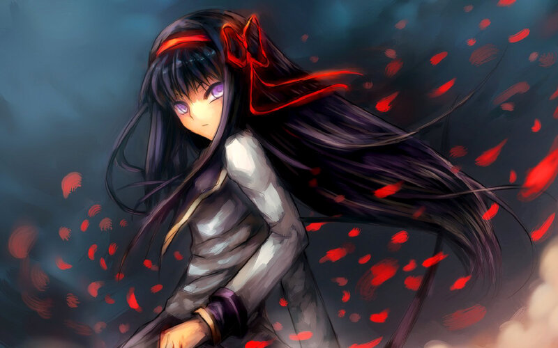 Anime Girl with Long Hair — Black, Dramatic, Digital Art, Red Ribbons, Petals