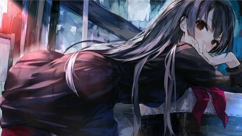 Anime Girl with Long Hair — Black, Dramatic, Digital Art, School Uniform, Window