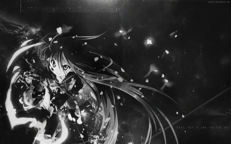Anime Girl with Long Hair — Black, Dramatic, Digital Art, Sword, Flames