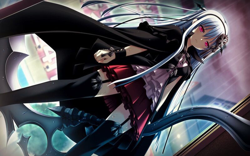 Anime Girl with Long Hair — Black, Dramatic, Long Silver Hair