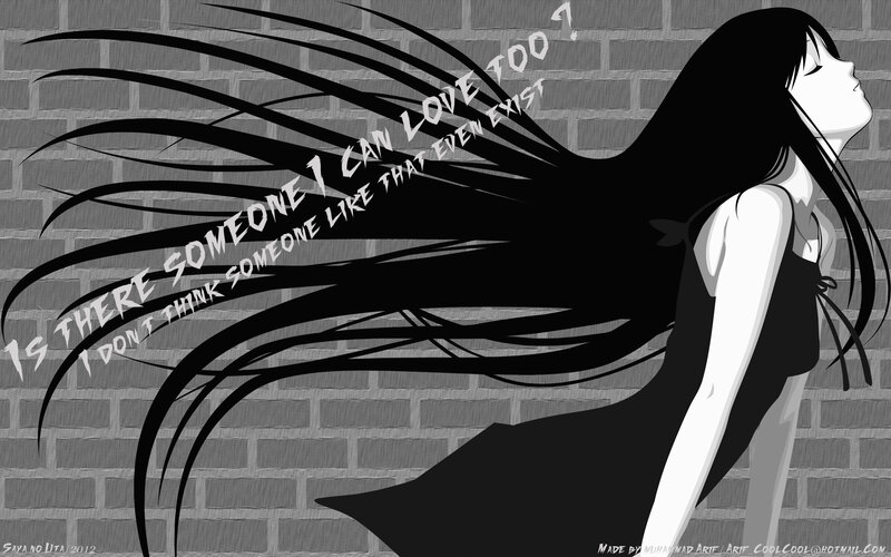 Anime Girl with Long Hair — Black, Dramatic, Manga, Brick Wall, Text