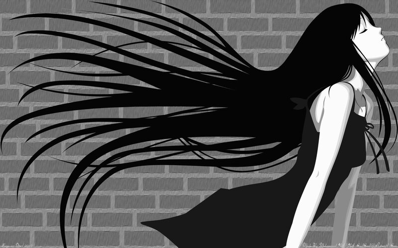 Anime Girl with Long Hair — Black, Dramatic, Manga, Brick Wall