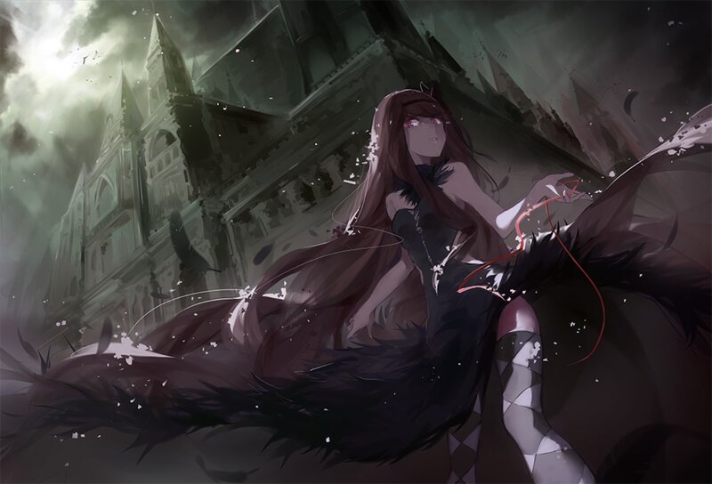 Anime Girl with Long Hair — Black, Dramatic, Night, Digital Art, Castle