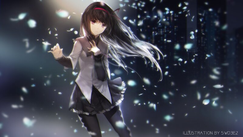 Anime Girl with Long Hair — Black, Dramatic, Night, Digital Art, Falling Petals