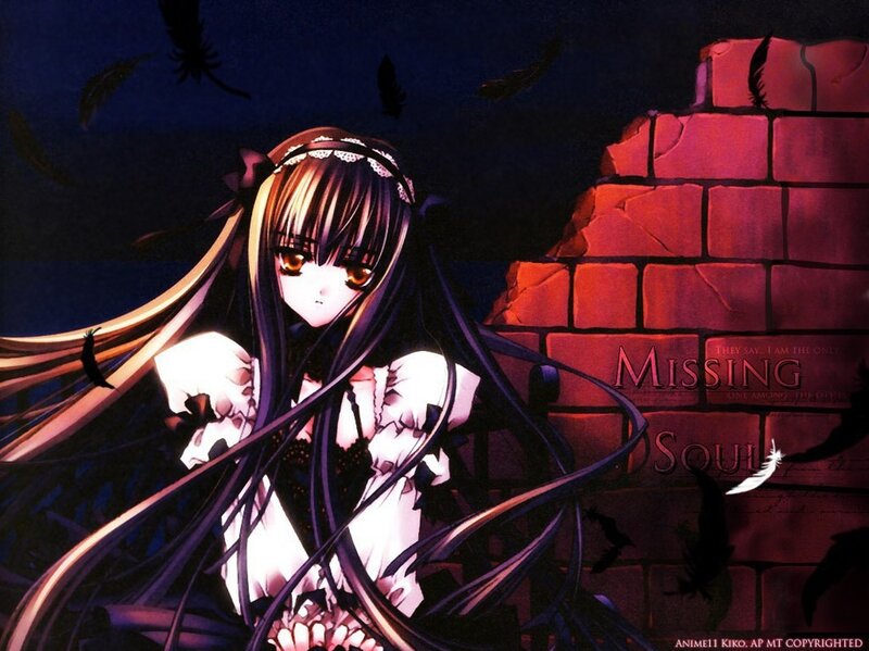 Anime Girl with Long Hair — Black, Dramatic, Night, Digital Art, Feathers