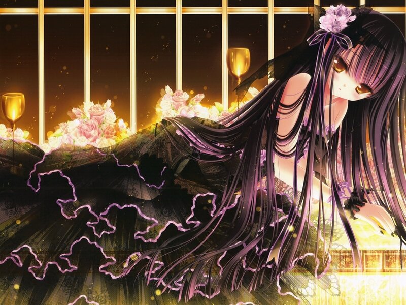 Anime Girl with Long Hair — Black, Dramatic, Night, Digital Art, Flowers, Wine Glasses