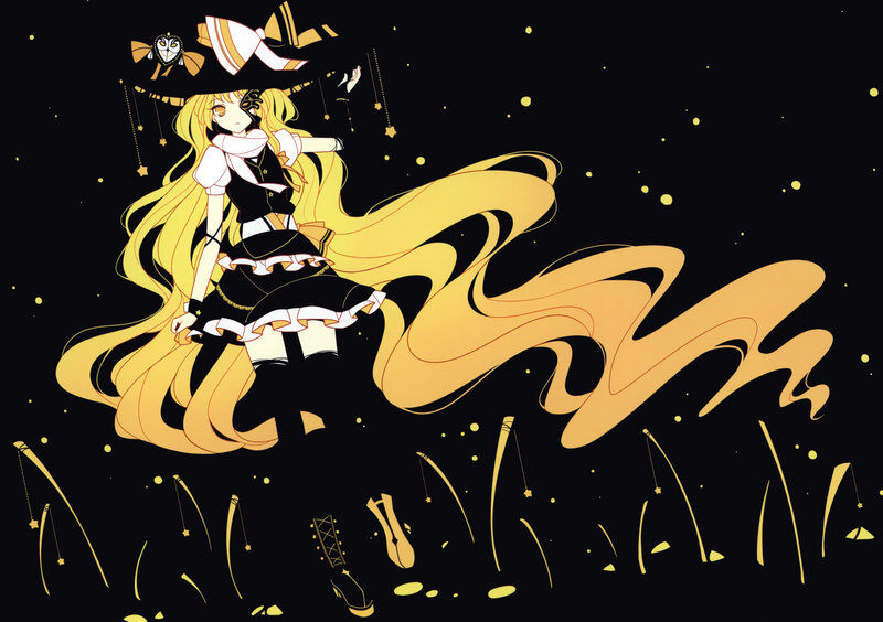 Anime Girl with Long Hair — Black, Dramatic, Night, Digital Art, Hat