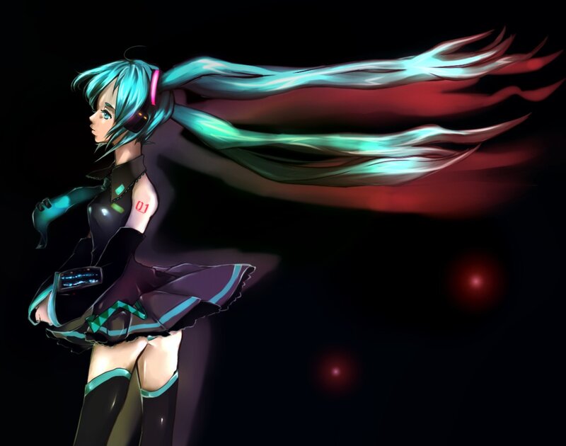 Anime Girl with Long Hair — Black, Dramatic, Night, Digital Art, Headset