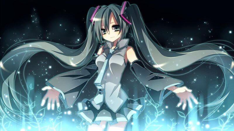 Anime Girl with Long Hair — Black, Dramatic, Night, Digital Art, Long Hair, Sparkles, Glowing Plants, White