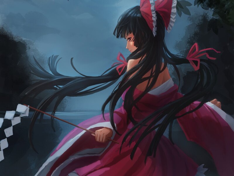 Anime Girl with Long Hair — Black, Dramatic, Night, Digital Art, Red Bow