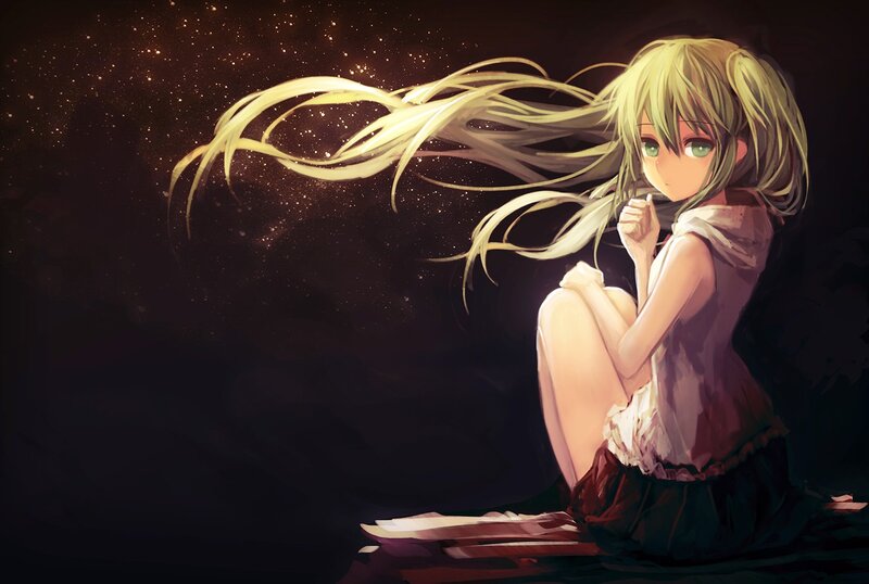 Anime Girl with Long Hair — Black, Dramatic, Night, Digital Art, Starry Sky