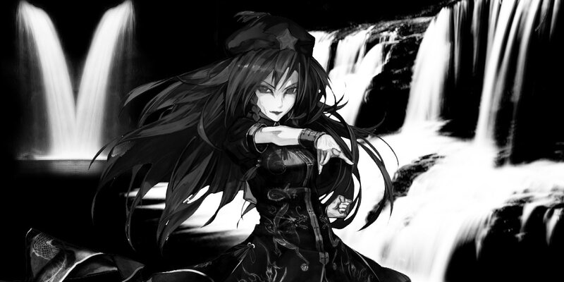 Anime Girl with Long Hair — Black, Dramatic, Night, Digital Art, Waterfall