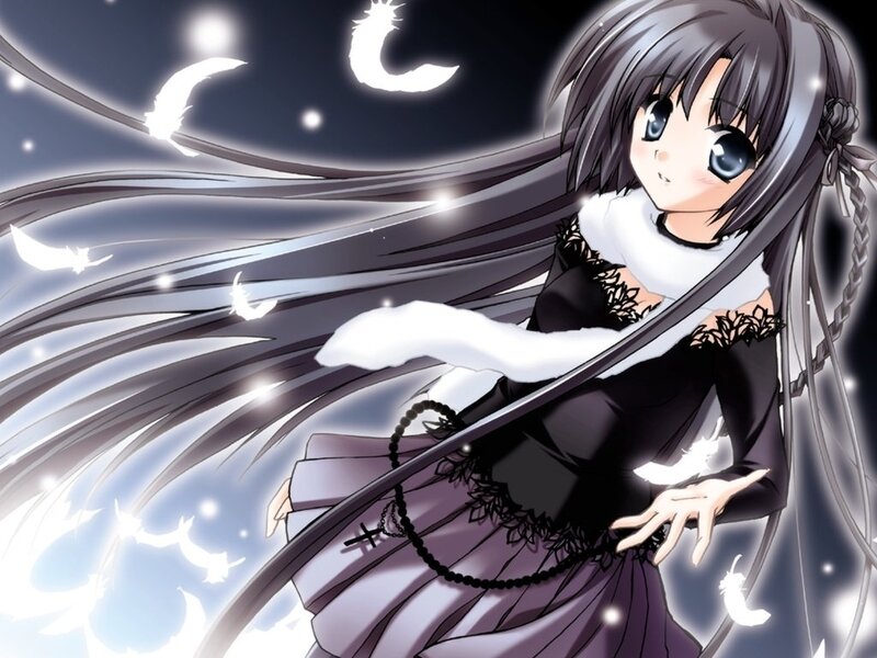Anime Girl with Long Hair — Black, Dramatic, Night, Feathers